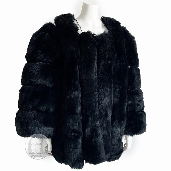 Anrabess Faux Fur Jacket Coat Bubble or Rock Star Style Black Glossy Faux Fox - Picture 1 of 9